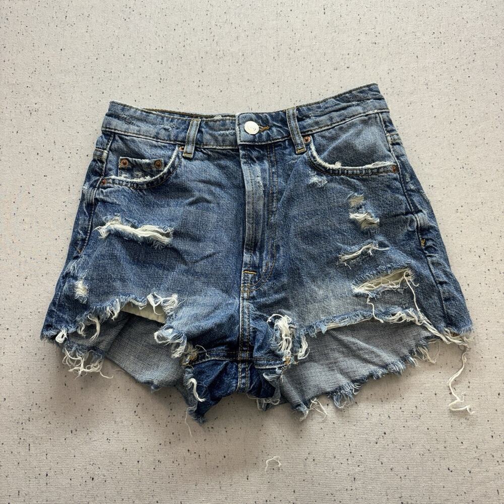 ZARA The HW Short Distressed Denim Cutoff Shorts Blue Women's Size 2 High Rise